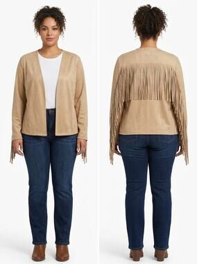 NWT Escalier Faux Suede Beige Fringe Stretch Cardigan Women Plus Size 2X